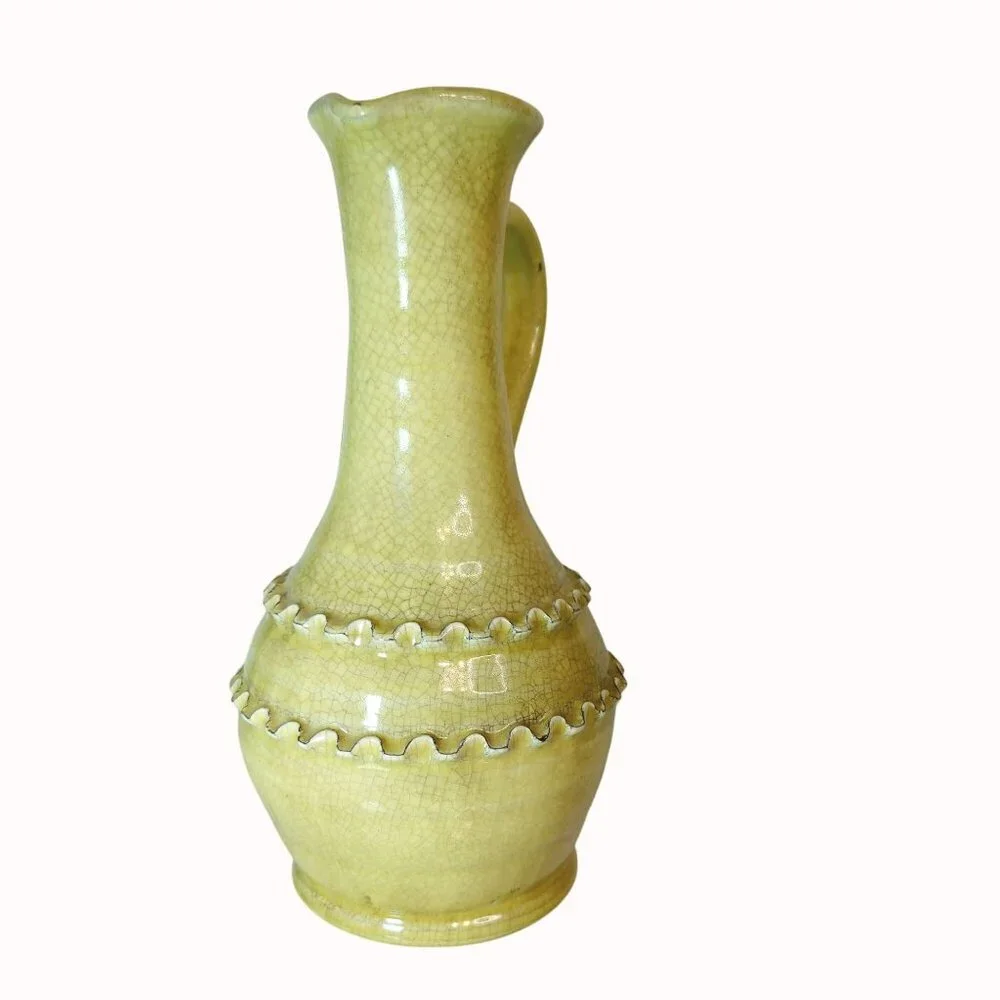Vintage Raku Crackle Glaze Yellow Pitcher Vase Ruffle Border Studio Earthenware